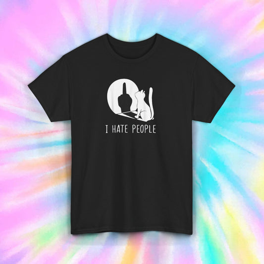 I Hate People Funny Cat Middle Finger Humorous Sarcastic T-Shirt S-5XL